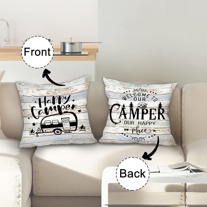Welcome to Our Rolling Estate Soft Diatom Mud Absorbent Bath Rug 17”x30”,Welcome to Our Happy Camper Reversible Throw Pillow Cover 18”x18”,Set of 1 Pillow Cover 1 Doormat,Campsite RV Decor