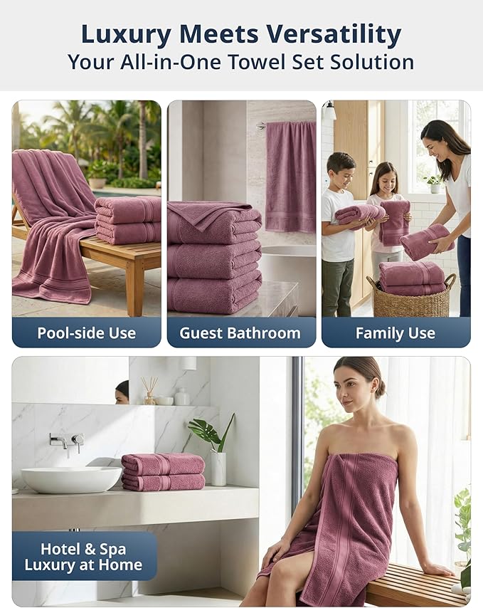 LANE LINEN 100% Cotton Large Bath Towels Set of 4 (28"x54") - Zero Twist, Mercerized Cotton Bathroom Towel 4 Pack - Quick Dry, Soft & Absorbent Large Towels Set - Oeko Tex Certified - Wishful Mauve