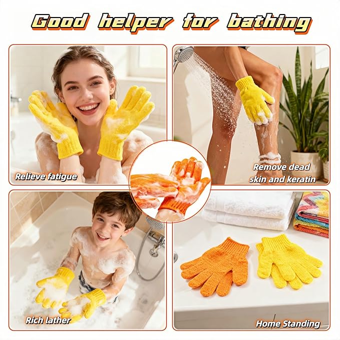 Exfoliating Shower Gloves, 2 Pairs Reinforced Nylon Bath Scrubbing Mitts, Orange and Yellow, One Size Fits All, Body Cleansing Massage
