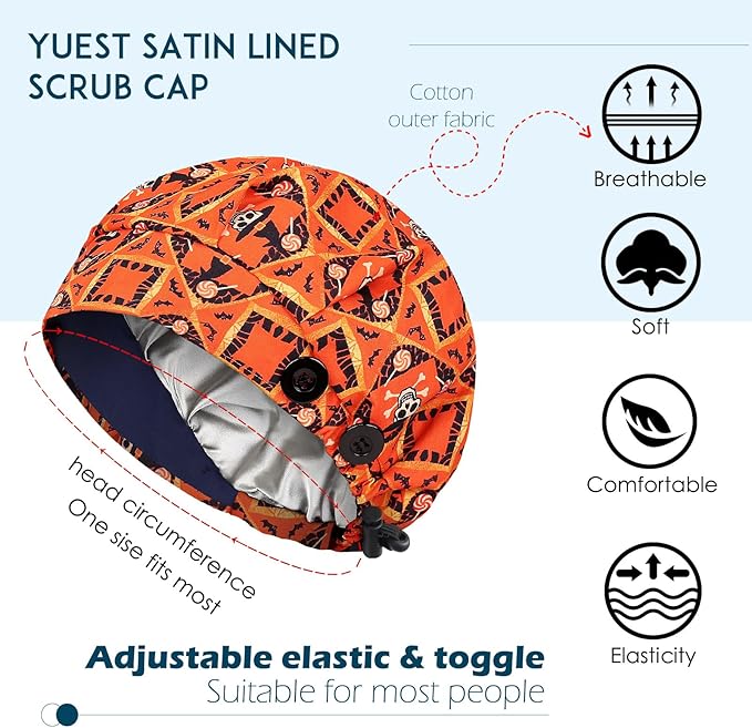 2 Pack Satin Lined Bouffant Scrub Caps with Buttons, Adjustable Scrub Caps for Women Men