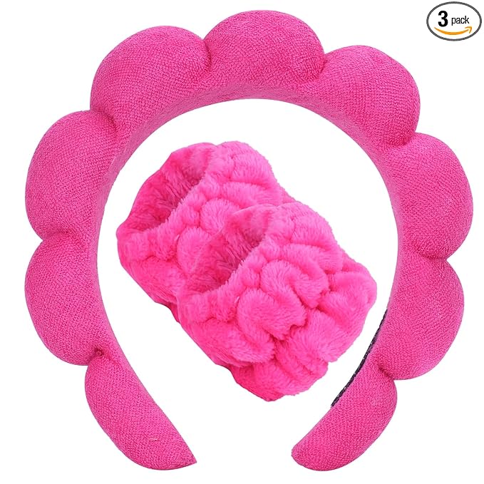 Beleki Spa Headband & Wristband Set - Sponge Terry Cloth Bubble Puffy Hairband - Non Slip Headwear - Hot Pink - 3 Pcs
