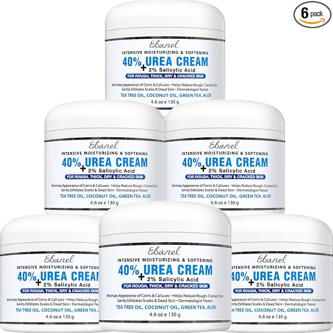 Ebanel Urea Cream 40% plus Salicylic Acid 2%, Foot Cream for Dry Cracked Heels Feet Knees Elbows Hands, Foot Dead Skin Cuticle Callus Remover Toenail Softener, Keratolytic Skin Barrier Repair, 6-Pack