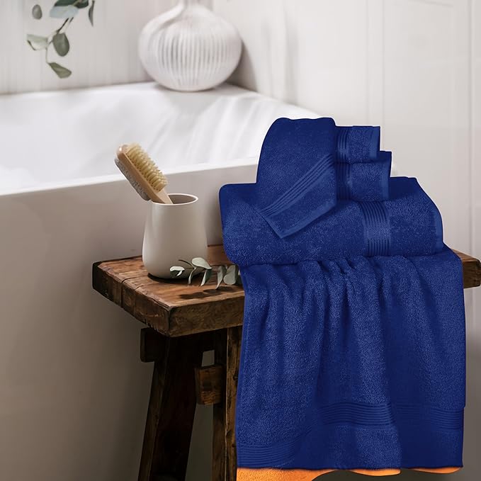 Elvana Home Ultra Soft 6 Pack Cotton Towel Set, Contains 2 Bath Towels 28x55 inch, 2 Hand Towels 16x24 inch & 2 Wash Coths 12x12 inch, Ideal Everyday use, Compact & Lightweight - Navy Blue