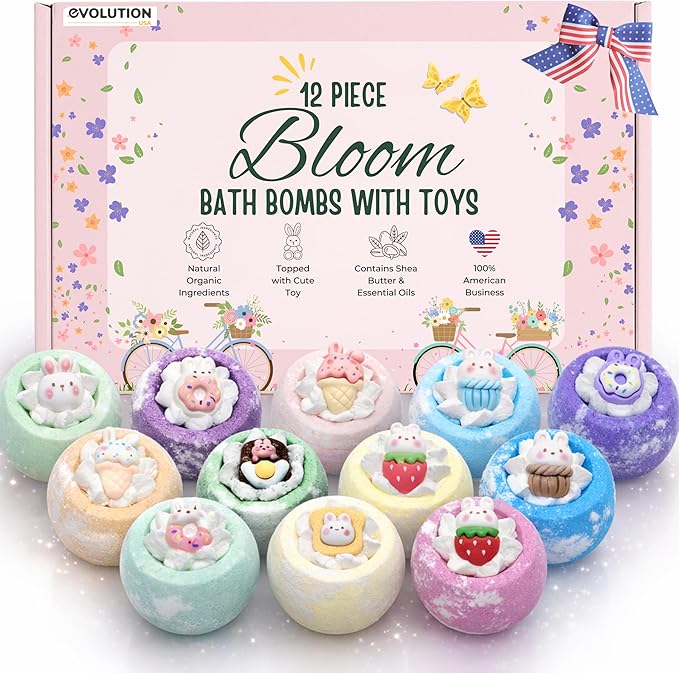 EvolutionUSA 12 Bloom Bath Bombs with Toys - Adorable Girl Bath Bomb Set, Bubbly Kids Bathbombs, Fizzy Bath Ball, Kids Bath Bombs for Girls, Childrens Bath Bomb Set Easter, Birthday, Christmas Gift