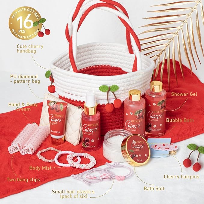 Spa Gifts for Women, Cherry & Berry Spa Gift Set for Teenage Tote Bag, Shower Gel, Hand & Body Lotion, Hitrees Birthday for Best Friend Woman, Mom, Mothers Day,Christmas Gift for Women