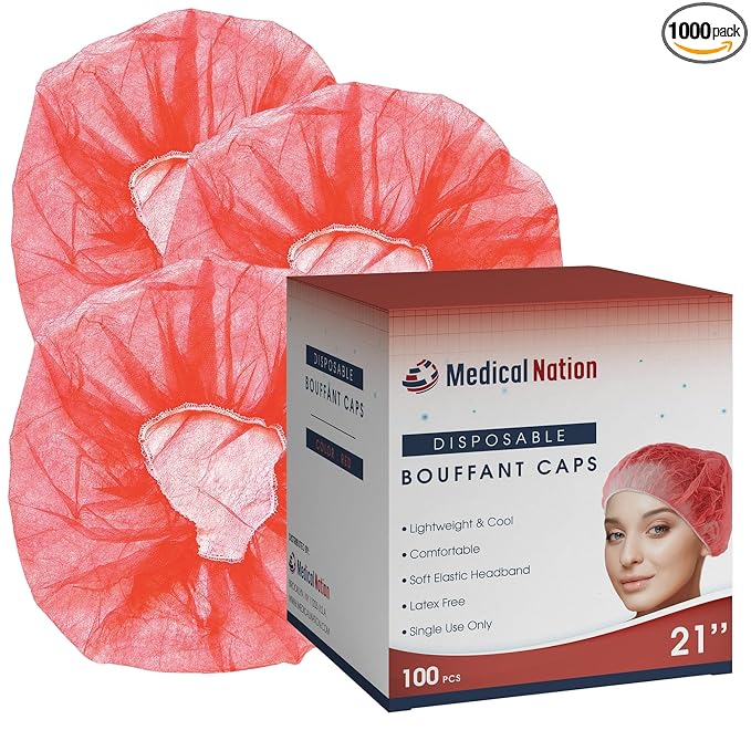 Medical Nation 21" Disposable Bouffant Caps | CASE of 1000, RED | Hairnets, Non-Woven, Non-Pleated Head Hair Covers | for Medical, Labs, Nurse, Tattoo, Food Service, Hospital, Cooking - Size 21" Red