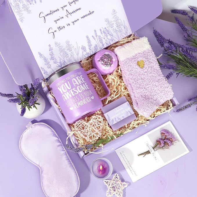 Mothers Day Gifts for Mom, Birthday Gifts for Women Lavender Spa Gift Basket for Women Self Care Relaxing Bath Set Purple Inspirational Gift for Wife Her Female Sister Teacher Nurse Friends Employee