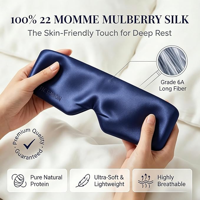 Silk Sleep Mask for Side Sleepers, Blackout Light Blocking Eye Mask for Sleeping, 100% 22 Momme Mulberry Silk, Full Coverage Face-Hugging Sleep Mask for Travel, Naps & Shift Workers, Blue