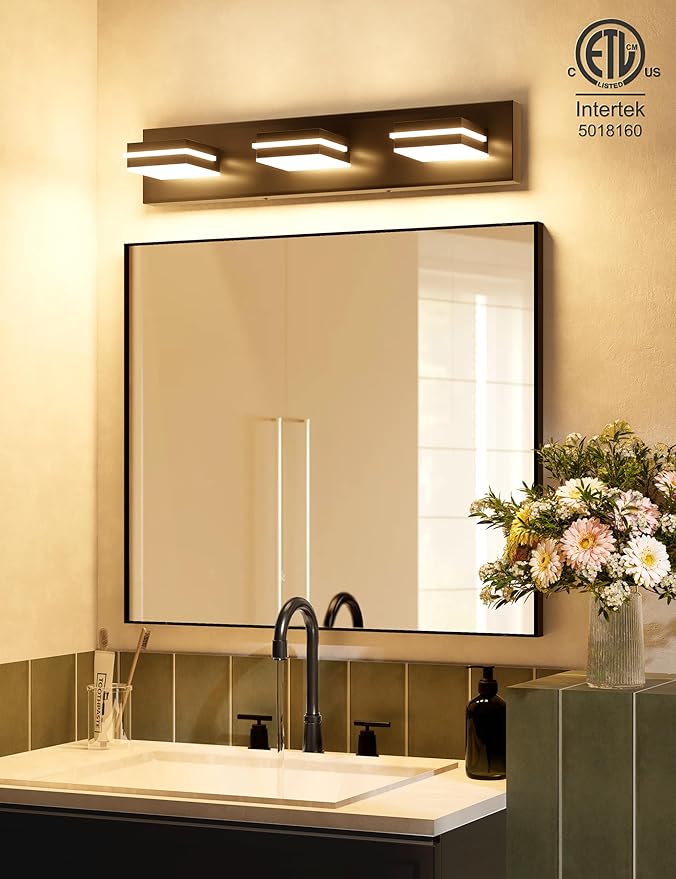 VOLISUN Modern Black Bathroom Vanity Light Fixtures (3-Light, 24-Inch), 5CCT Dimmable Bathroom Lighting Fixtures Over Mirror