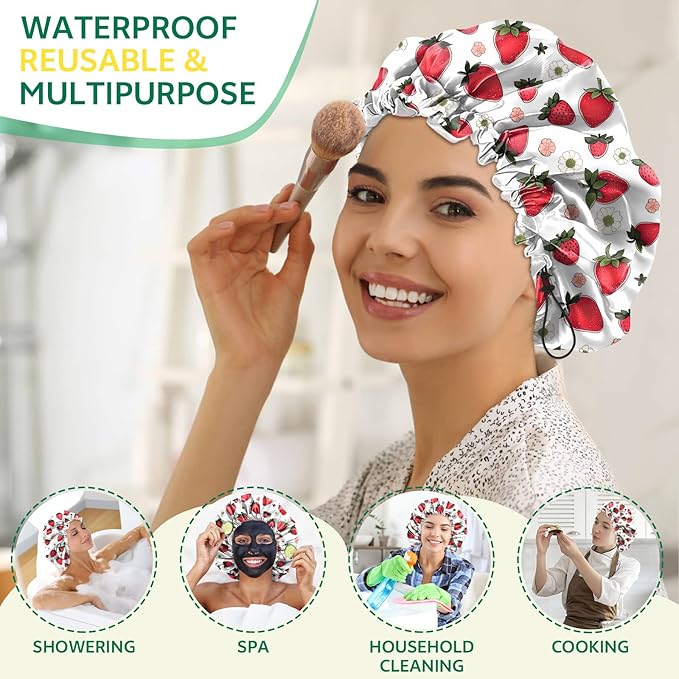 2 PCS Shower Cap Waterproof Double Layer Elastic Adjustable Reusable Hair Bath Caps for Girls Women Cute Aesthetic-Red Pink