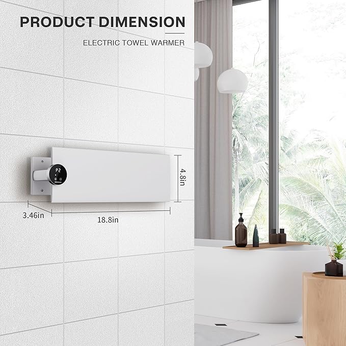 K&KALONZO Electric Towel Warmer, 18.8" W x 4.8" H Wall-Mounted Towel Heater with Built-in Timer, Waterproof Aluminum Towel Warmer for Bathroom, Support Plug-in and Hardwired, White, K1-L-W