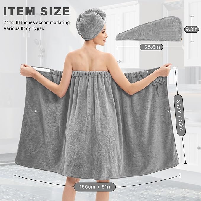 Bath Wrap Towels for Women – Adjustable Spa Shower Wrap with Super Absorbent Microfiber, Quick-Dry Body & Hair Towel Set for Home, Hotel, Beach, Pool, Gym, Travel – Grey