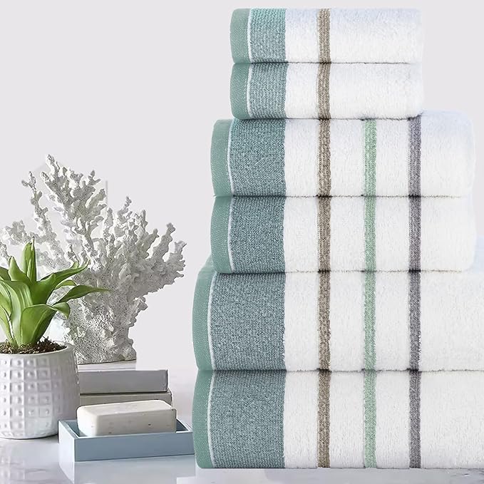 CASA COPENHAGEN White Bay 6Pcs 100% Egyptian Cotton Large Designer Towels Gift Set- Grey - Sea Grass, 600GSM, 2Bath 2Hand 2Washcloths, Bath Towels for Bathroom Set for Women & Men