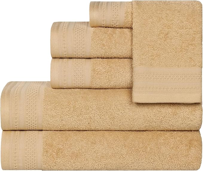 Superior Honeycomb Cotton Medium Weight Towels, for Guest Bath, Master Bathroom, Shower, Quick Dry, Adults, Home Essentials, Textured Waffle Border, Assorted Towel Set, 6 Piece Towel Set, Gold
