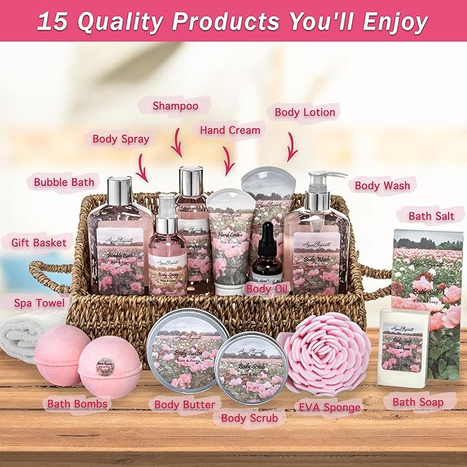 Aqua Elegante Bath Spa Gift Set - 15 Piece Premium Basket with Wash, Bubble Bath, Lotion, Salts, Body Scrub, Towel, Shower Puff, Bathbombs, Reusable Basket, Gifts for Women - Rose Oil & Peony