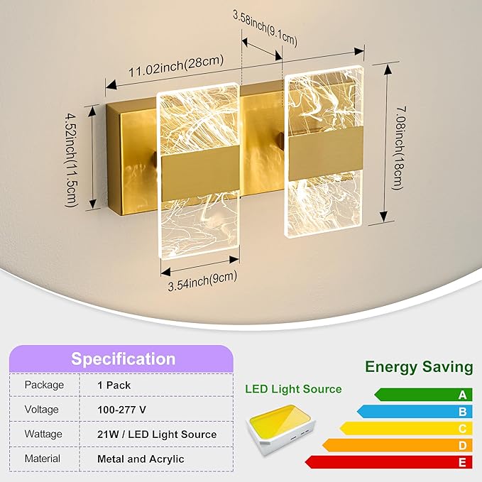 Modern LED Bathroom Light Fixtures Dimmable 2-Light Gold Vanity Light, 5CCT Adjustable Lighting Fixture Vanity Lights Over Mirror, Smoked Acrylic LED Vanity Lights for Bathroom