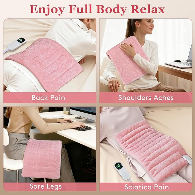 UTK XL Heating Pad for Back, Electric Heat Pad for Period Cramps Pain Relief, Soft Thicken Flannel Fabric Machine Washable, Birthday Gifts for Women Mom, 6 Heat Settings & Auto-Off, 12" x 24"(Pink)