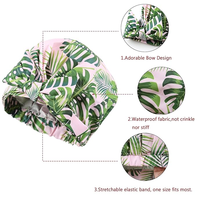 Shower Cap for Women Reusable Waterproof Bath Cap for Long Hair Cap for Shower Cute Extra Large Turban Shower Cap for Braids(Plantain Leaves)
