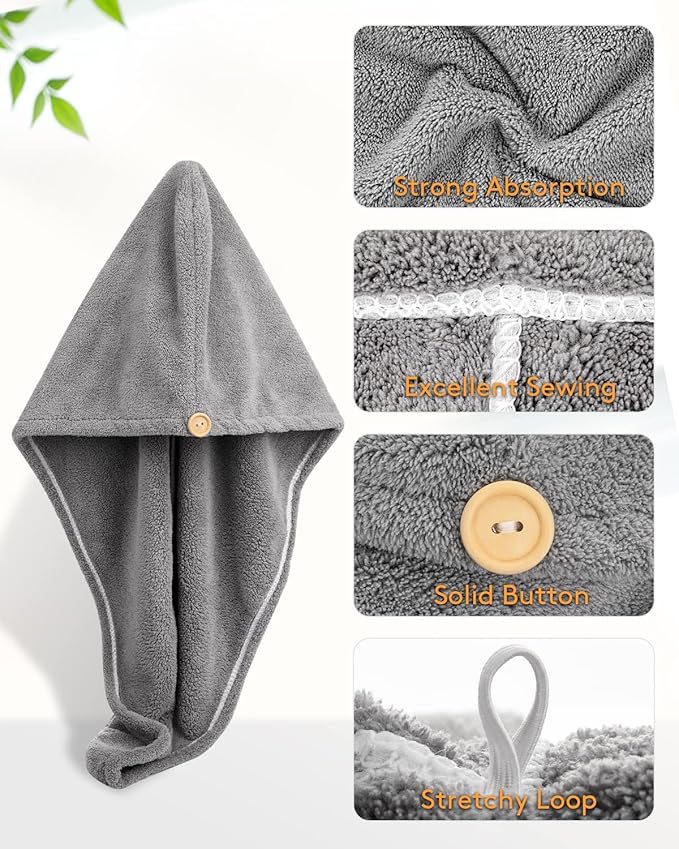 YFONG 3 Pack Hair Drying Towels, Hair Towel with Button, Super Absorbent Microfiber Hair Towel for Curly Hair, Fast Drying Hair Wraps for Women Girls, Microfiber Towel for Hair