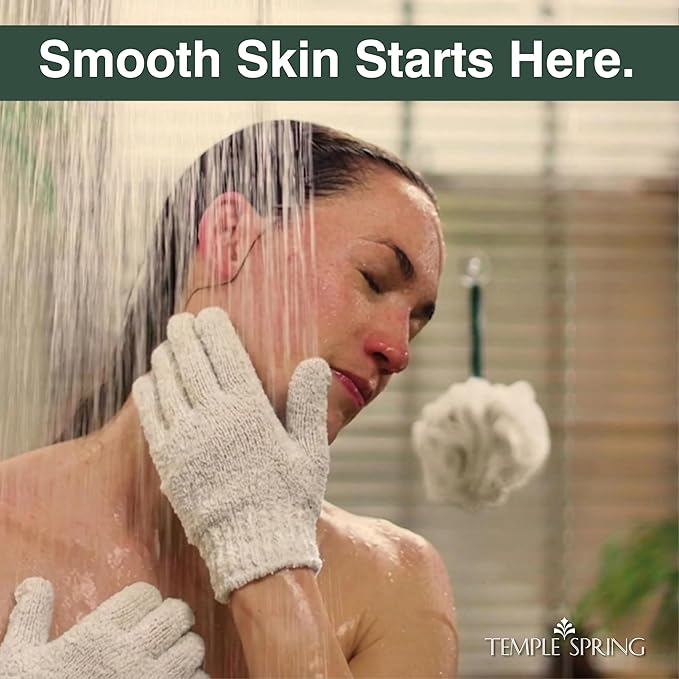 Temple Spring Shower Gloves Exfoliating for Women – Natural Textured Rayon Bamboo Exfoliating Glove with Thicker Weave for Deep Cleansing, Dead Skin Removal & Smooth Radiant Skin (1 Pair, Off-White)