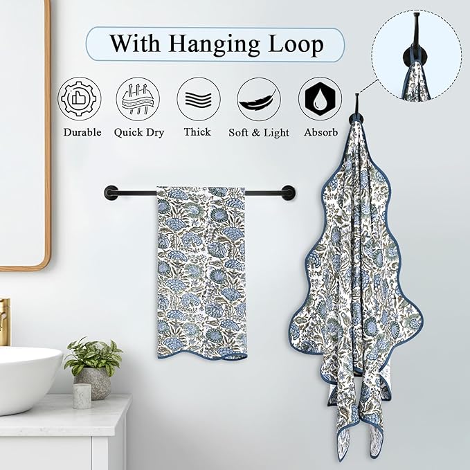 Ridhi Asparagus Green Hand Block Print Waffle Scallope Cotton Bath Towel Set of 2, 27x54, Quick-Dry, Absorbent, Luxury Handmade Towel for Bath, Spa, Beach, Gift for Spring, Easter, Valentine