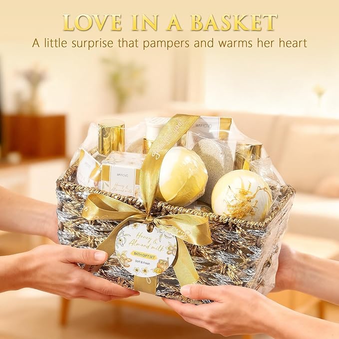 Mothers Day Birthday Gifts for Women, Honey & Almond Milk Relaxing Spa Gift Baskets for Women Self Care Package Bath Gift Set, Home Bath and Body Kit Pamper Gifts for Womens Her Mom Friends Sister