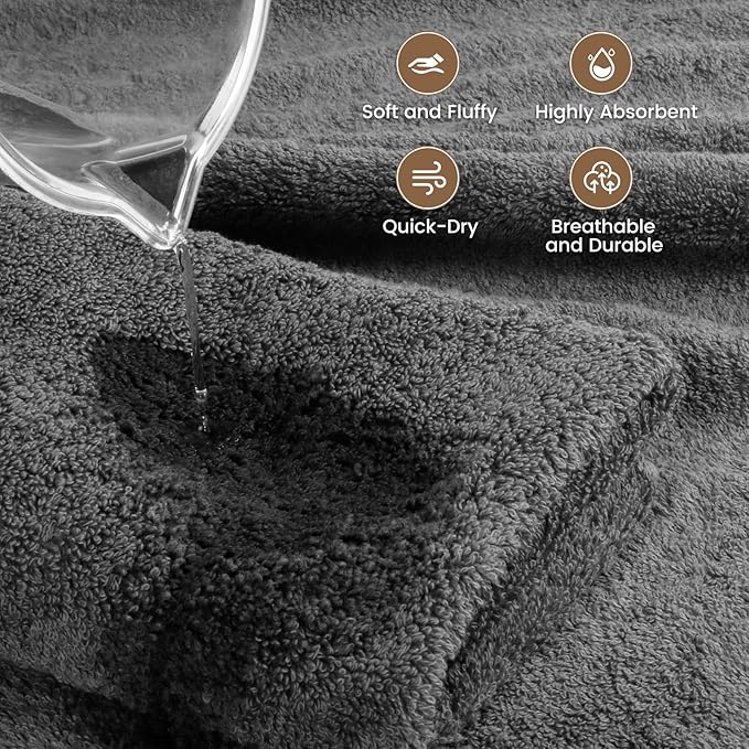SEMAXE 4 Piece Grey Bath Towel Set for Bathroom, 100% Cotton Bath Towels with Hanging Loop, 55 x 27 Inch, Soft Absorbent & Quick Dry, for Home