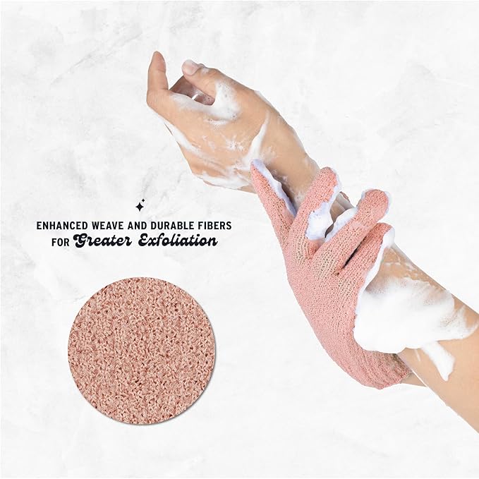 4 Pairs Exfoliating Gloves, 100% Nylon, Dual Texture Body Scrub for Spa, Massage & Dead Skin Removal, Multi-Color Shower Bath Accessories (Blush/Rose Gold)