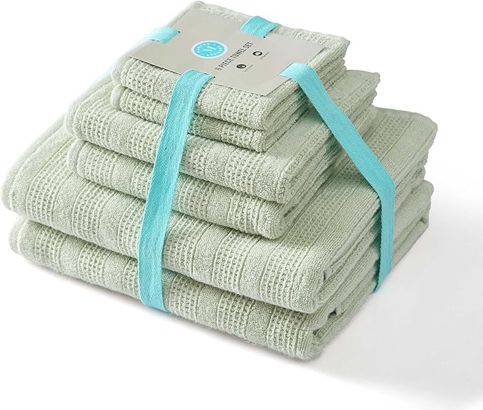 Martha Stewart - Bath Towels, Soft & Absorbent 100% Cotton Towels, Solid 500 GSM, 6-Piece Bathroom Towel Set with Textured Weave (Bedford Cottage Green)