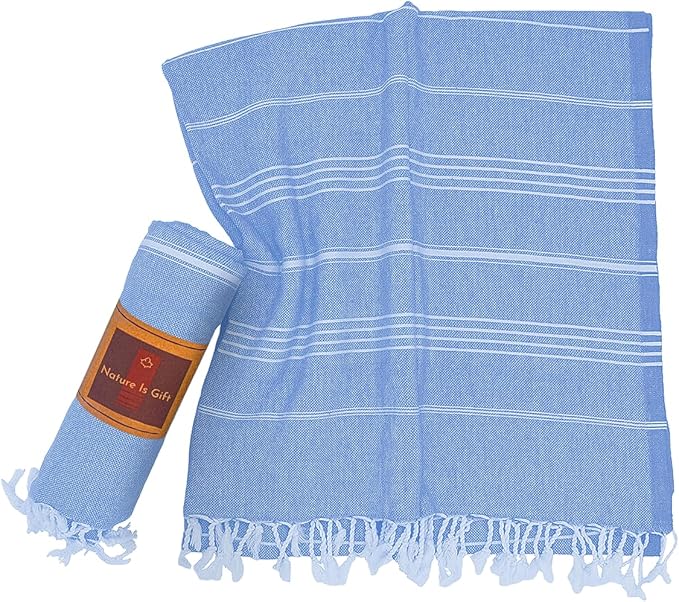 Beach Towel 100% Cotton Turkish Beach Towel Adult 38x70 Inch Pre-washed Absorbent Extra Large|Sand Free Quick Dry BathTowels|Lightweight Blanket|Travel Cruise Camping Spa Gym Yoga Towel|Airy Blue
