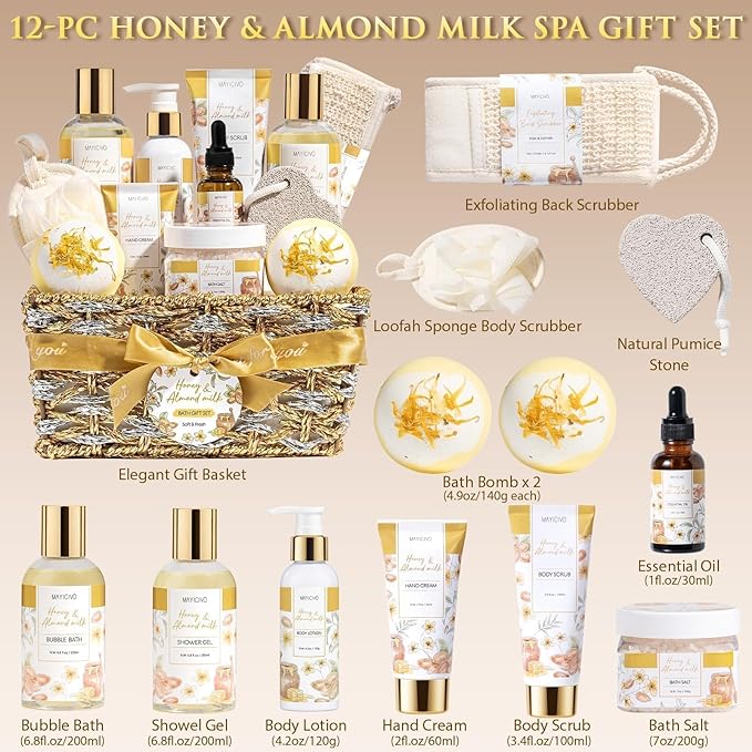 Mothers Day Birthday Gifts for Women, Honey & Almond Milk Relaxing Spa Gift Baskets for Women Self Care Package Bath Gift Set, Home Bath and Body Kit Pamper Gifts for Womens Her Mom Friends Sister