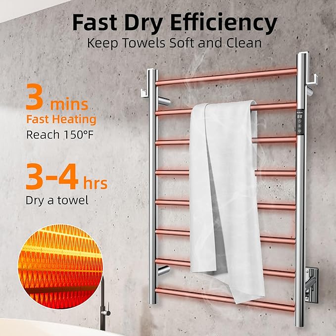 P&Dlusir Towel Warmer, Heated Towel Rack with Smart Timer and Thermo Control, Wall-Mounted Heated Towel Rail, Stainless Steel, Hard-Wired/Plug-in, Polished, 8 bar