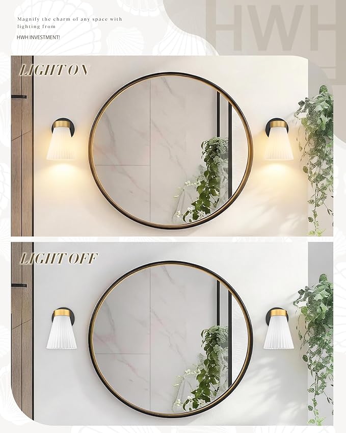 Set of 2 Wall Sconces for Bathroom, HWH 1-Light Bathroom Vanity Light with Frosted Milk White Striped Glass, Indoor Wall Mount Lighting Fixtures, Black and Gold Finish, 5HZG97B-2PK BK+BG