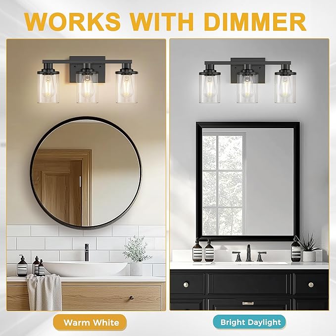 L LOHAS LED 3-Light Bathroom Vanity Light, 17 Inch Matte Black Bathroom Lighting with Clear Glass Shade, Modern Vanity Light Fixtures Over Mirror for Living Room, Hallway