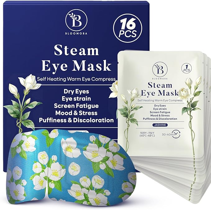 16 Pack Jasmine Steam Eye Mask for Dryness, Puffiness, Strain & Relaxation, Heated Eye Mask for Sleep & Travel, Self-Heating & Disposable Warm Compress, Travel Essentials, Relaxation Gifts for Women