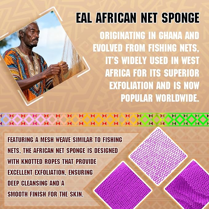 5 Pieces African Net Sponge – Deep Cleansing & Exfoliating Mesh for Glowing Skin – Stretchable, Quick-Dry Material for Daily Shower Use (Green, Purple, Orange, Gray, White)