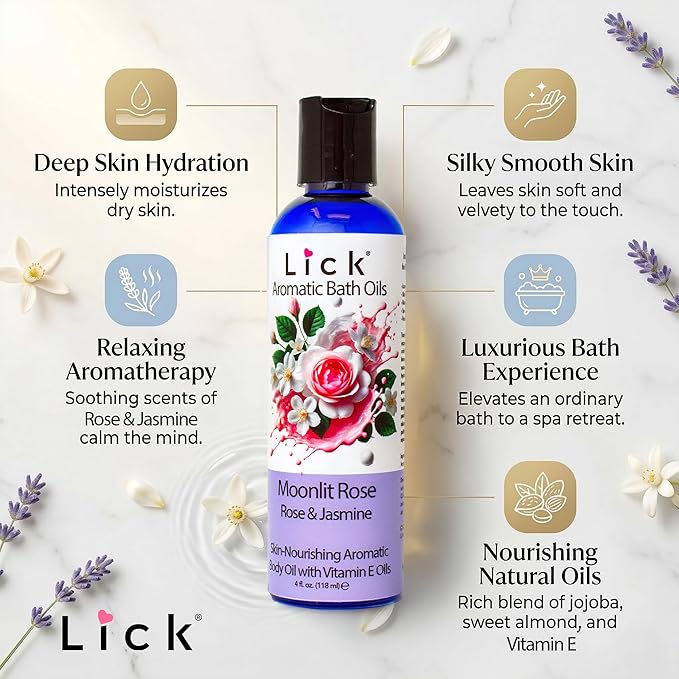 Lick Midnight Rose & Jasmine Aromatic Bath Oil - Calming Floral Scents - Aromatherapy Oils for Bath Relaxation, 4 oz