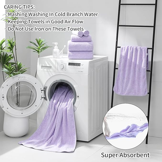 Ultra Soft Bath Towel Set,12 Piece (4 Bath Towels,4 Hand Towels,4 Washcloths) Family Bathroom Towels Set with Hanging Loop,Quick Dry Extra Absorbent Shower Towel for Bathroom,Hotel,Spa-Light Purple
