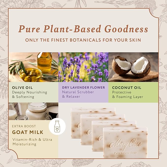 Mary Case Goat Milk & Lavender Bar Soap Set of 4 | Natural Soap with Olive, Coconut & Oils + Dried Flowers | Bath Soap for Men & Women |