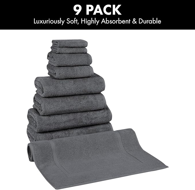 Classic Turkish Towels - Premium Cotton Quick-Dry 9 PC Bath Towel and Bath Mat Set - Soft, Lightweight, Bathroom Towels Made with 100% Turkish Cotton (Grey)