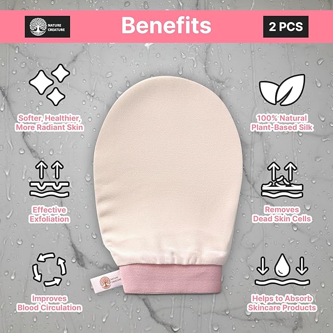 Vegan Silk Exfoliating Gloves Set (2 Pack) – Korean Spa Body Scrubber Mitt for Dead Skin & Ingrown Hair | Gift for Smooth Glowing Skin