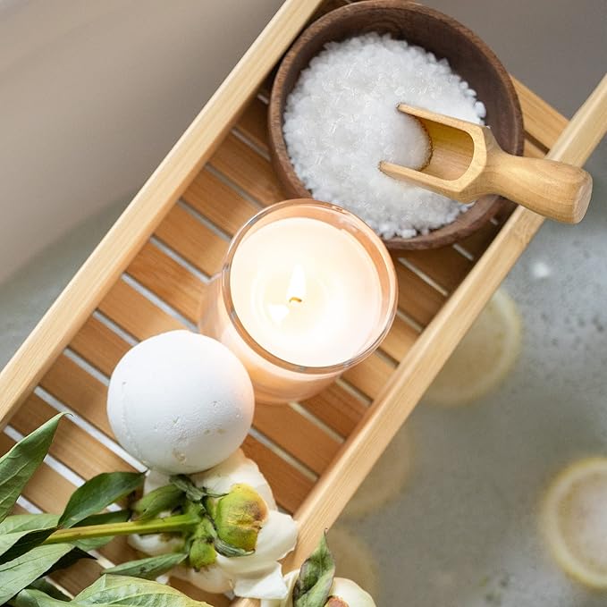 Wooden Scoops 5.5" and 3", 1 standard bath salt scoop and 1 mini scoop, Natural Beech Wood Scoops, the mini is for coffee and laundry, the standard is for Flour, Bath Salt, Sugar, Cereal