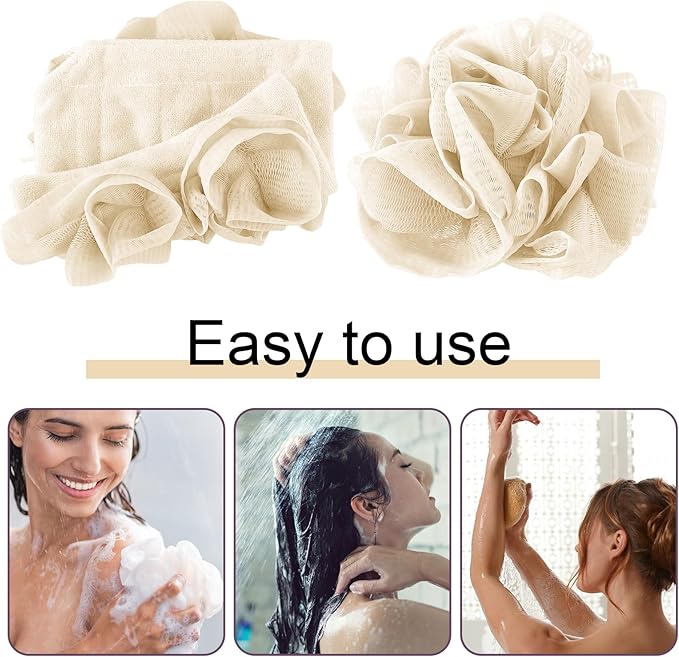 1 Pcs Washcloth Loofah Combo, 2 in 1 Bath Loofah Sponge with Drawstring, Exfoliation Mesh Shower Puff Ball for Body Wash Cleansing and Smooth Skin (Beige)