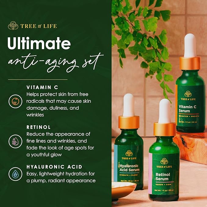 Tree of Life Face Serum Set - Vitamin C, Retinol & Hyaluronic Acid for Brightening, Firming & Hydrating - Anti Aging Skin Care Set - Dermatologist Tested - 1 Fl Oz (Pack of 3) - Mothers Day Gifts