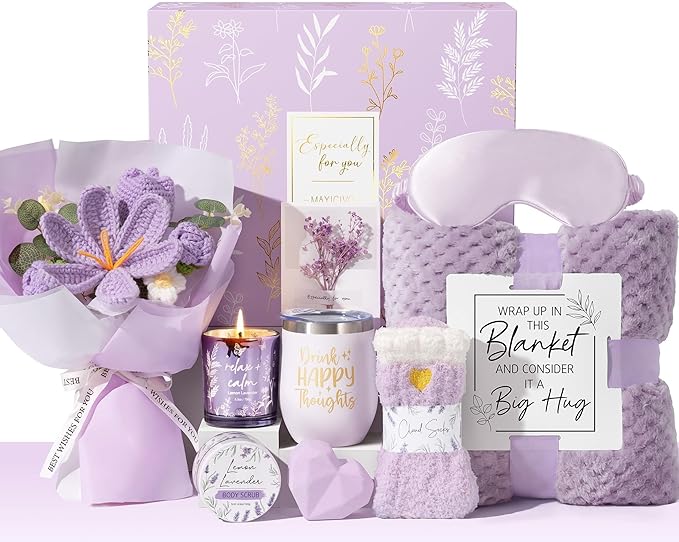 Mothers Day Birthday Gifts for Women Self Care Package Get Well Soon Gift Baskets, Thinking of You Sympathy Spa Gift Set w/ Crochet Flower Bouquet, Unique Gifts for Women Mom Sister Grandma Friends