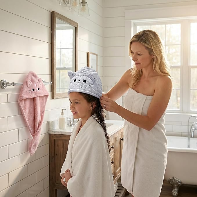 ARTIBETTER 3Pcs Cute Cat Hair Wrap Towels for Kids, Thickened Coral Fleece, Quick Dry Towel, Strong Water Absorption, Soft Shower Cap, Mixed Color for Bath & Household Daily Use
