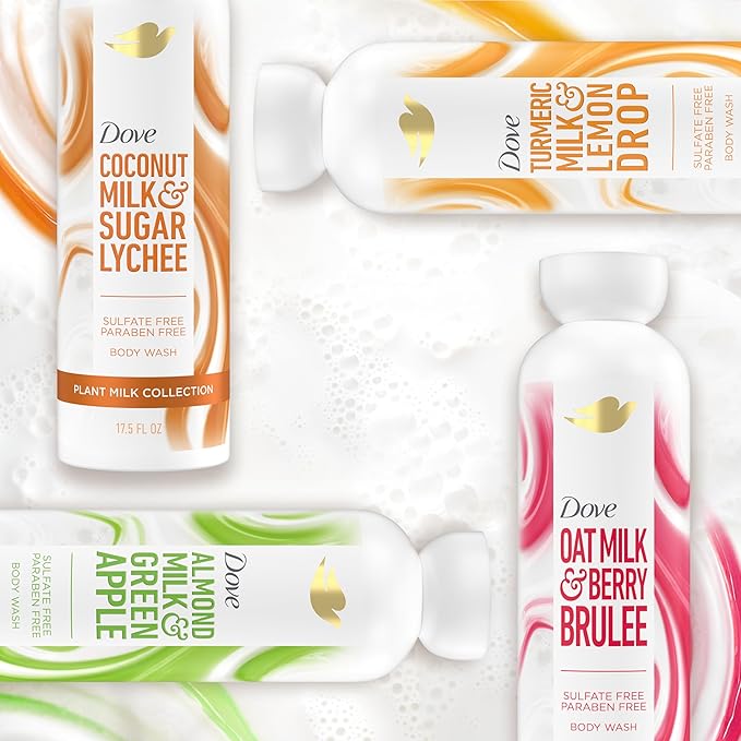 Dove Plant Milk Cleansing Body Wash Coconut & Lychee for Moisturized Skin Gentle Cleanser, No Sulfate Cleansers or Parabens, 98% Biodegradable 17.5 fl oz (Pack of 4)
