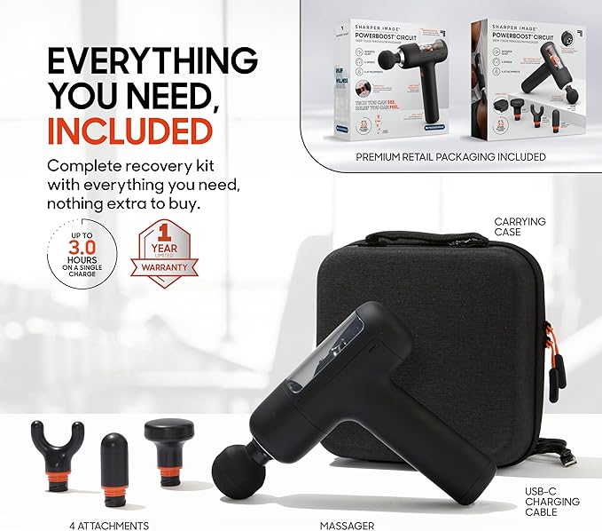 Sharper Image PowerBoost Circuit Massage Gun [2026 Version] Deep Tissue Percussion Massager with 6 Speeds for Back, Shoulders, & Full Body Muscle Pain Relief, with 4 Attachments & Travel Case