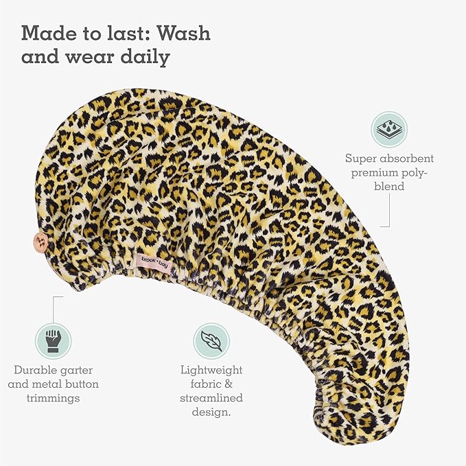 Brook + Bay Microfiber Hair Towel Wrap - Quick Dry Microfiber Towel for Hair - Anti-Frizz Plopping Turban - Machine Washable - Cheetah