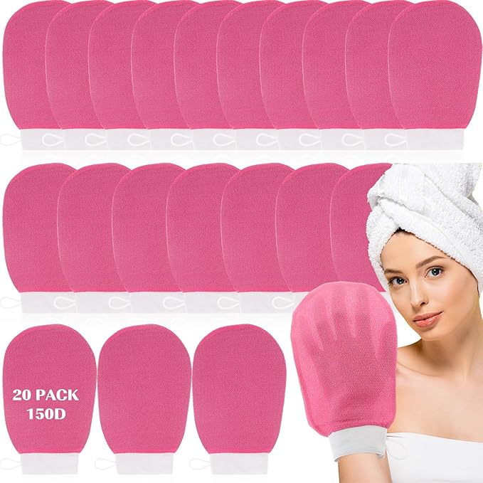 FoldTier 20 Pcs Exfoliating Glove Bulk Summer Exfoliator Mitt Body Scrubber 150d Viscose Fiber Deep Skin Korean Scrub Mitt for Spa Massage Dead Skin Remover for Men and Women(Rose Red)